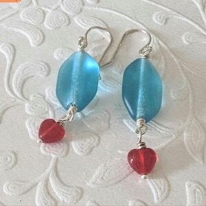 Elegant Turquoise and Red Czech Glass Silver Heart Earrings